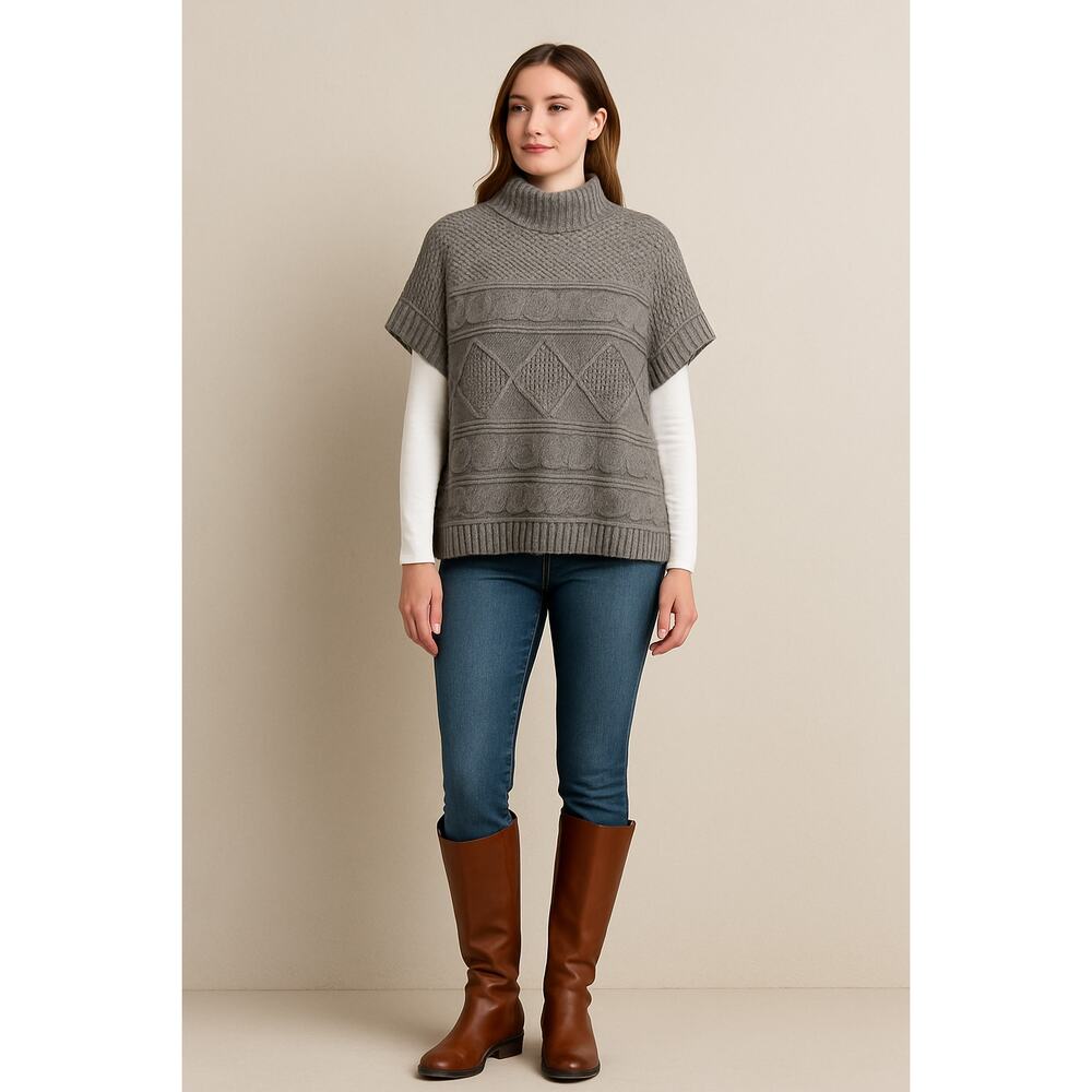 Chico's Gray Cable Knit Poncho Sweater OS Acrylic Mock Neck Textured Pullover - Picture 14 of 14